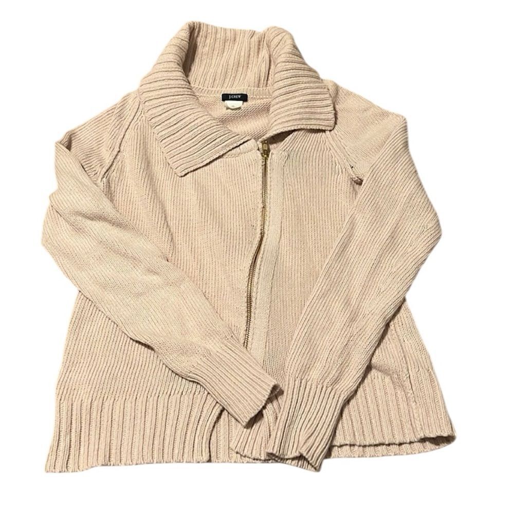 J Crew size XS cream long sleeve angled zip front floppy collar cardigan GUC